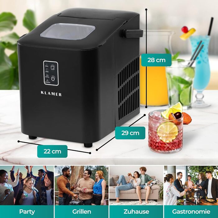 Льодогенератор KLAMER 24 кг/добу, 3 розміри кубиків льоду, 2.2л резервуар, 130W, тихий, чорний