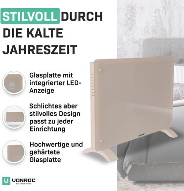 Електричний конвекторний обігрівач VONROC - 1500W, білий. Економний обігрівач для дому, 15-24 м²