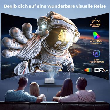 Портативний проєктор Beamer 4K з Dolby Audio, HDR10, WiFi6, Bluetooth 5.4, Auto Fokus, для домашнього кіно та перегляду спортивних подій, білий