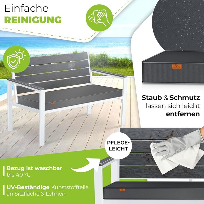 Лавочка для саду KESSER® з подушками – вулична лавочка, 2 місця, для тераси, балкону, саду, парку, міцна, до 300 кг, стійка до УФ, знімний чохол подушки (антрацит/білий)