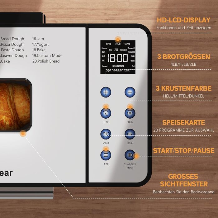 Бротбекмашина Karinear з 20 програмами, рукавичками, таймером на 15 годин, нержавіючою сталлю, 3 розмірами хліба та вибором кольору скоринки (білий, чорний)