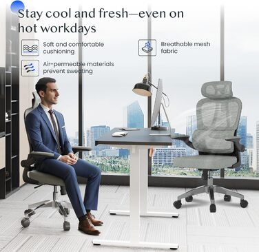 Органічний офісний стіл FLEXISPOT з 2D-підголівником, відкидними підлокітниками та динамічною поперековою підтримкою. Стілець з функцією нахилу 120° для дому, офісу та робочого кабінету (51 x 73 x 115 см, сірий)