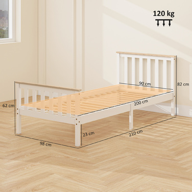 Рама ліжка односпальна, дерев'яна рама ліжка, місце для зберігання внизу, натуральне дерево, білий колір