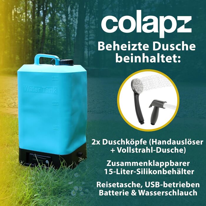 Портативна кемпінгова душ Colapz з акумулятором та помпою – перезаряджувана душ для кемпінгу, автодому, вана, автомобіля та домашніх тварин (душ з підігрівом)