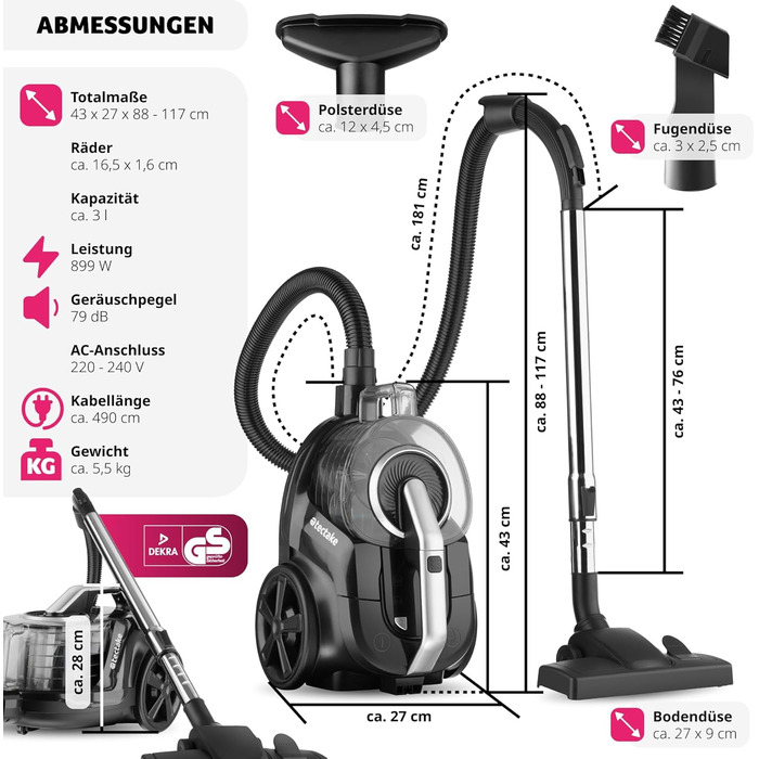 Пилсос Tectake VC900 без мішка, 900 Вт, потужний, для дому, з кабелем, для видалення шерсті тварин, Easy clean, для килимового та твердого покриття