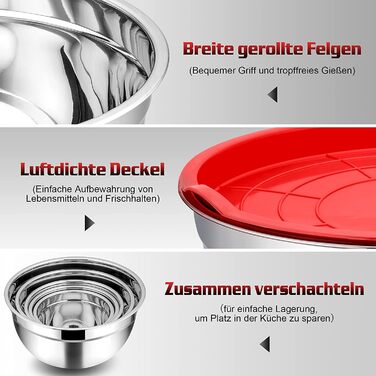 Набір мисок Homikit з нержавіючої сталі: для приготування, випічки та сервірування. 6.5/4.5/2/2.5/1.5/1.2/0.8 л (Червоний, 7)