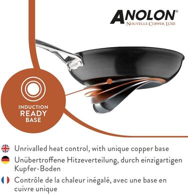 Сковорода Anolon Nouvelle Luxe, мідна сковорода з багатошаровим, посиленим дном для оптимального розподілу тепла, сковорода з антипригарним покриттям для всіх типів плит, 25 см Luxe 25 см