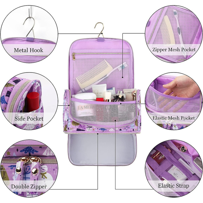 Підвісна сумка туалетна для дам, сумка для туалетного приладдя Lychii Travel, сумка для умивальника, органайзер для валізи та ручної поклажі - Cat (різдвяно-фіолетовий)
