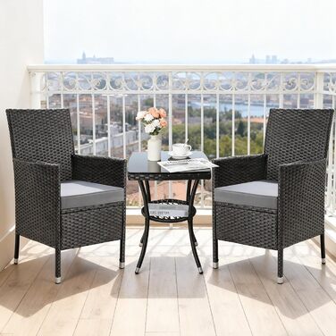 Набір меблів для балкона LIFERUN 3 шт. з ротангу, подушками та склом, чорний