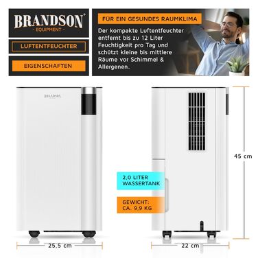 Електричний осушувач повітря Brandson з компресором, 12 літрів, Wi-Fi, з таймером, функцією відтавання, білий