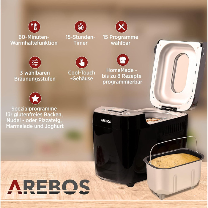 Хлібопічка Arebos 1500г з 15 програмами 2 гачки для тіста Таймер РК-дисплей 3 ступені підрум'янювання та розміри хліба 850 Вт Чорний