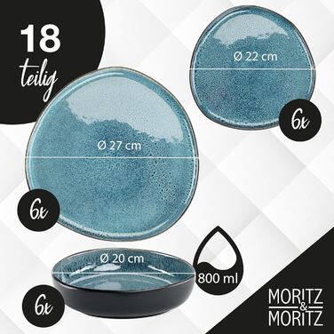 Moritz & Moritz ORGANIC Набір посуду 18 предметів на 6 осіб, блакитний - Елегантний набір тарілок з високоякісної кераміки (6 великих, 6 десертних, 6 супових)