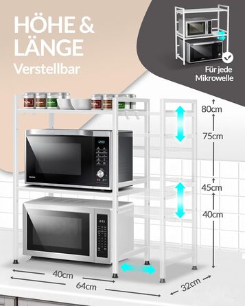 Поличка для мікрохвильової печі, кухонна поличка, сталева | 3-ярусна, регульована висота та довжина, з гачками, інструкція у відеоформаті (Білий)