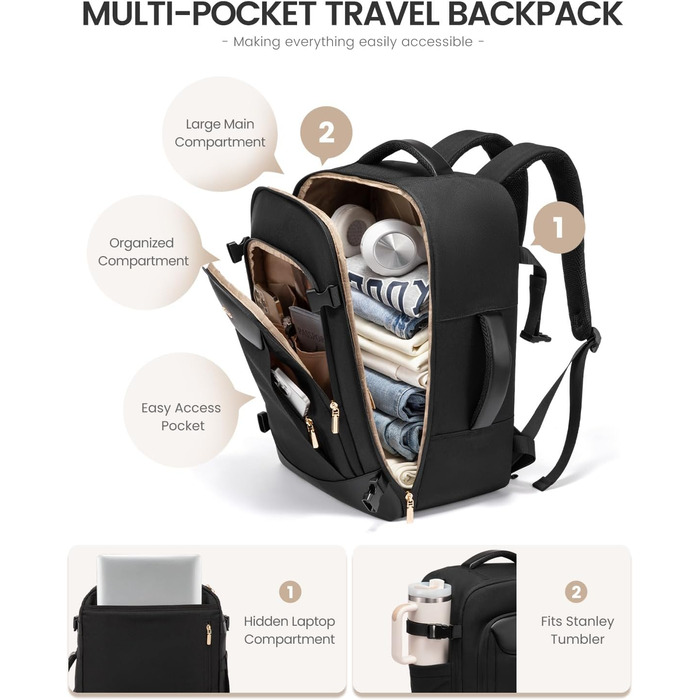 Чорний жіночий рюкзак OVEVOOK для подорожей та ділових поїздок, 40л, водонепроникний, з органайзером для взуття