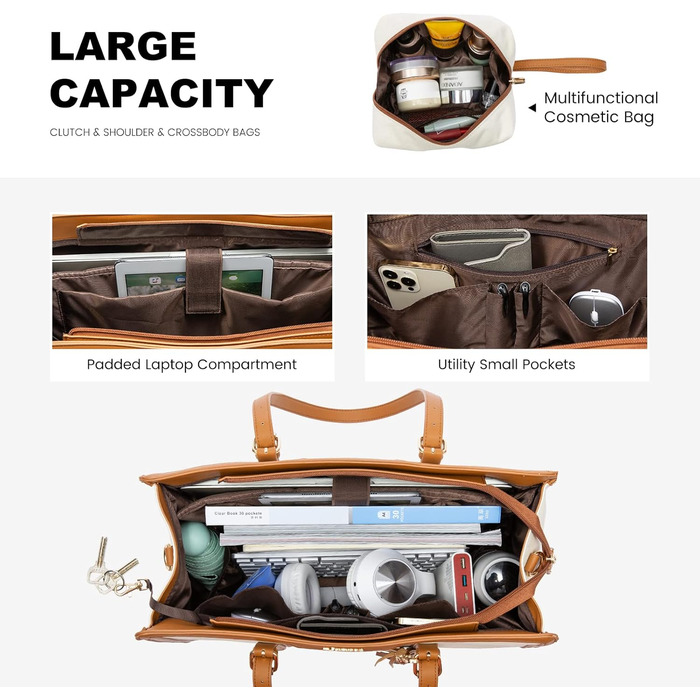 Сумка для ноутбука LOVEVOOK 15.6 дюймів: велика, зручна, для роботи, навчання, подорожей (бежева, коричнева)