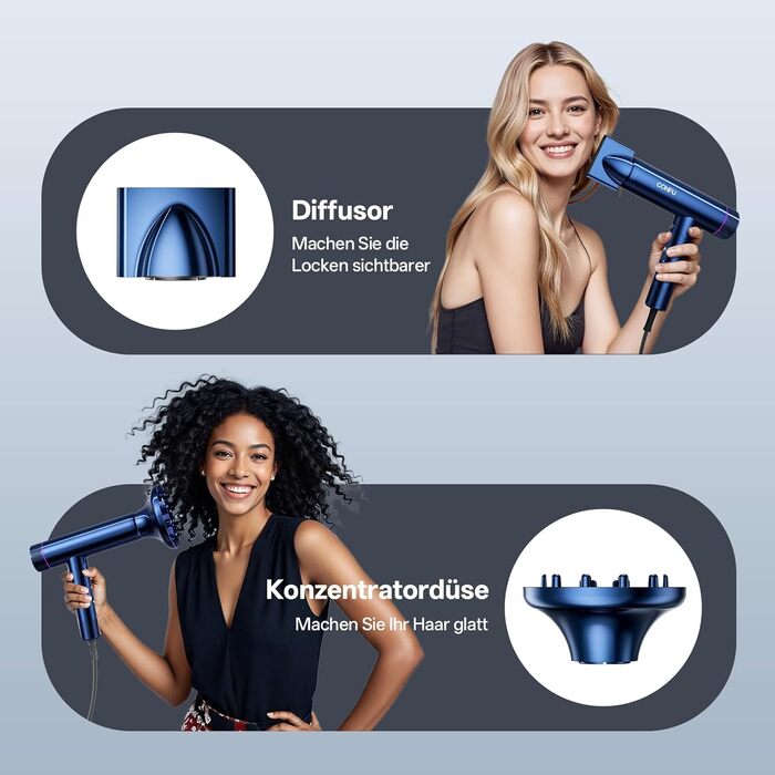 Професійний іонізаційний фен для волосся CONFU 1700W, складаний фен з магнітним диффузором та стилізуючою насадкою, низький рівень шуму, синій