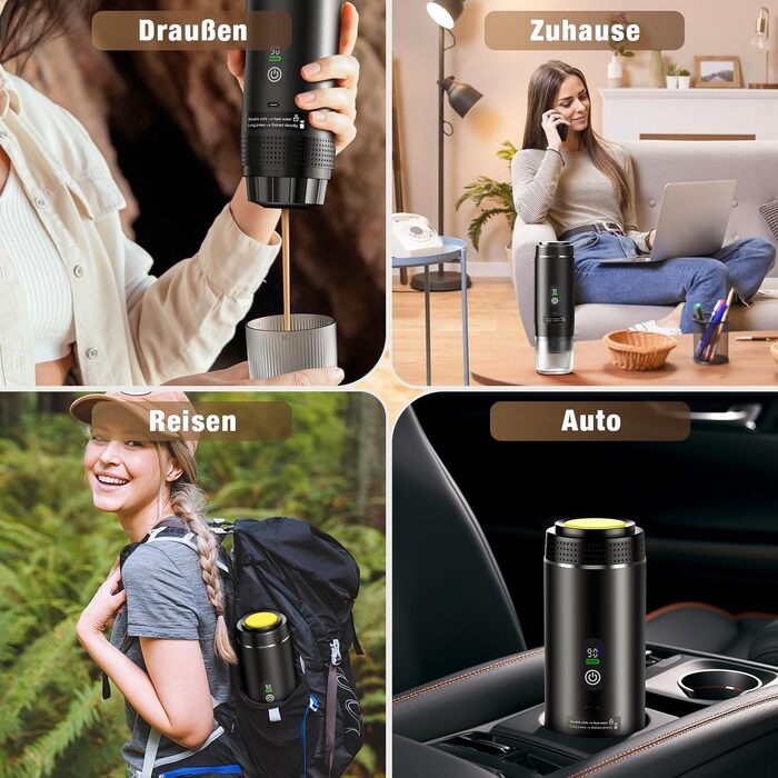 Міні кавомашина FNITAER для подорожей: 3-в-1, акумулятор, USB, капсули та мелена кава, для авто, кемпінгу, чорний