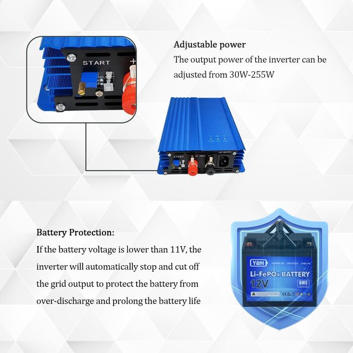 Вт сонячний інвертор DC24V-45V, MPPT чиста синусоїда AC230V вихід, мережевий інвертор для сонячних панелей, розряд батареї 24 В, регульована вихідна потужність 30 Вт-340 Вт (для сонячних панелей 12 В, акумулятор 12 В), 500