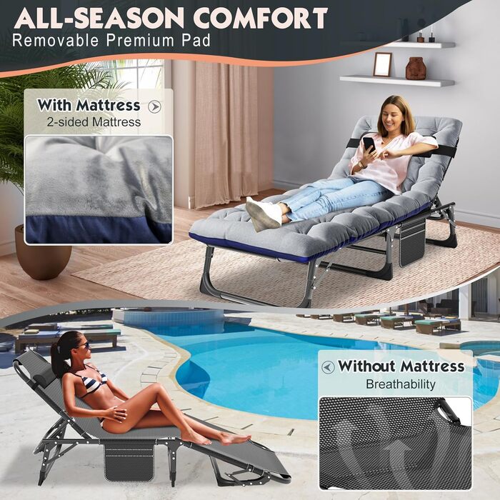 Лежак для відпочинку MOPHOTO, розкладний садовий лежак з матрацом, регульована спинка та підніжка, портативний, для дому та саду, складаний (зелене дитяче ліжко, матрац) (чорний з холодним сірим)