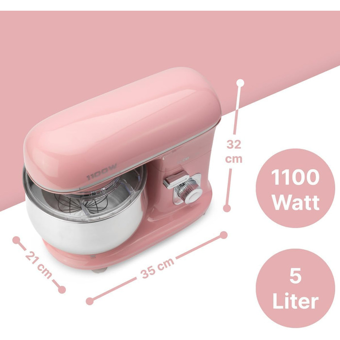 Кухонна машина Clatronic KM 3711 рожева 1100 Вт | 5л, з гаками для тіста та насадкою для збивання | для 3 кг тіста