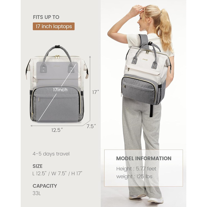Рюкзак для ноутбука LOVEVOOK 17 дюймів, жіночий, великий, для підлітків, ручна поклажа, водонепроникний, дихаючі лямки, для навчання, школи та подорожей, бежево-сірий