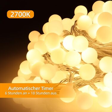 Гірлянда світлодіодна Kugel 12м, 120 LED, тепле біле світло, 8 режимів, таймер, IP44, для декору саду, тераси, балкону, кімнати, вечірки