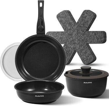 Набір каструль та сковорідок 9-ти частинний з антипригарним покриттям, для всіх типів плит, включаючи індукційні, сумісний з духовкою (темно-сірий)