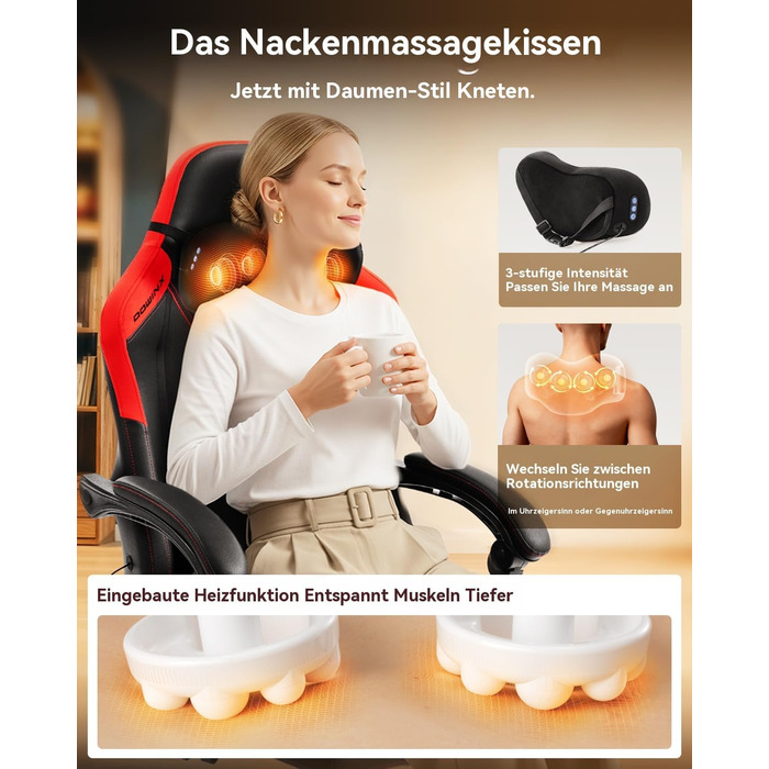 Ігровий крісло Dowinx з масажем, ергономічний дизайн, підтримка попереку та шиї, до 135 кг, шкіра, чорний (червоний)