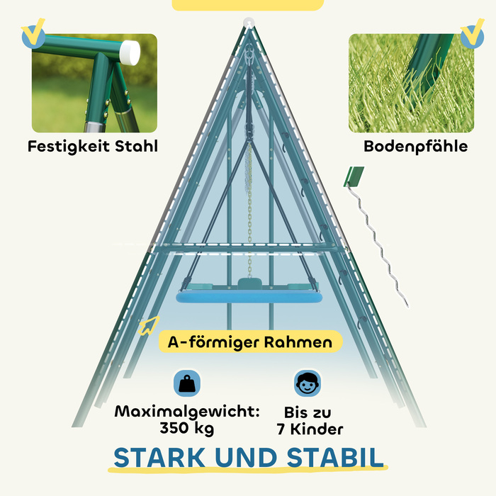Комплекс для ігор 5-в-1 з регульованою гойдалкою-гніздечком, кільцями для гімнастики, двомісною гойдатю та комплексом для лазіння, призначений для дітей 3-8 років, розміром 440x175x203 см.