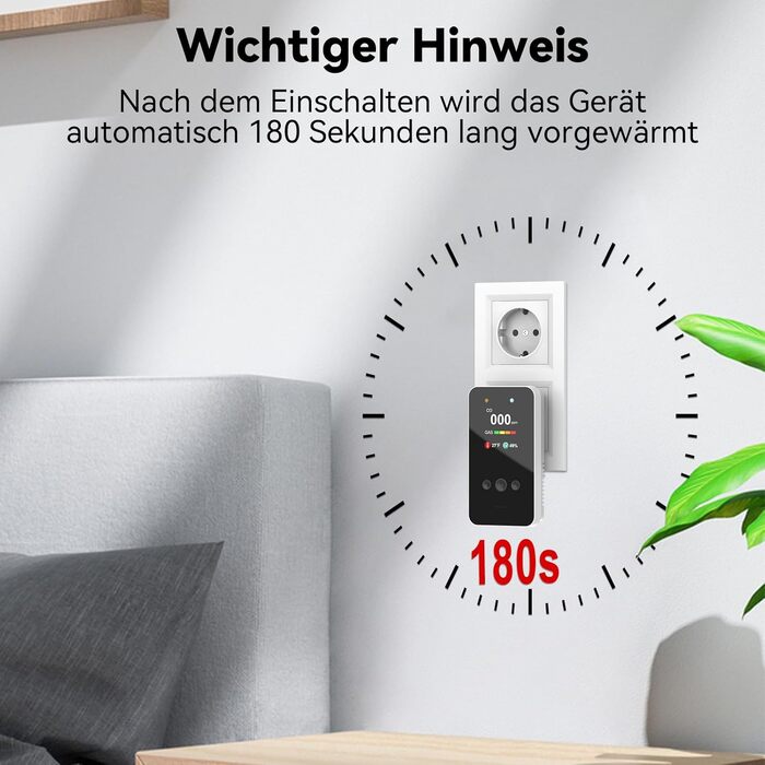 Детектор чадного газу та газу з вилкою, 4-в-1 CO-детектор з датчиком температури та вологості, з акустичним сигналом для дому та автодому, 1 шт. (Чорний) (Weiß 1 Quadrat)