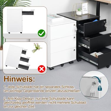 Роликовий контейнер HOMSTEEL з 3 замками, 3 висувні шухляди, для офісу та дому, білий (44T x 37B x 60H см)
