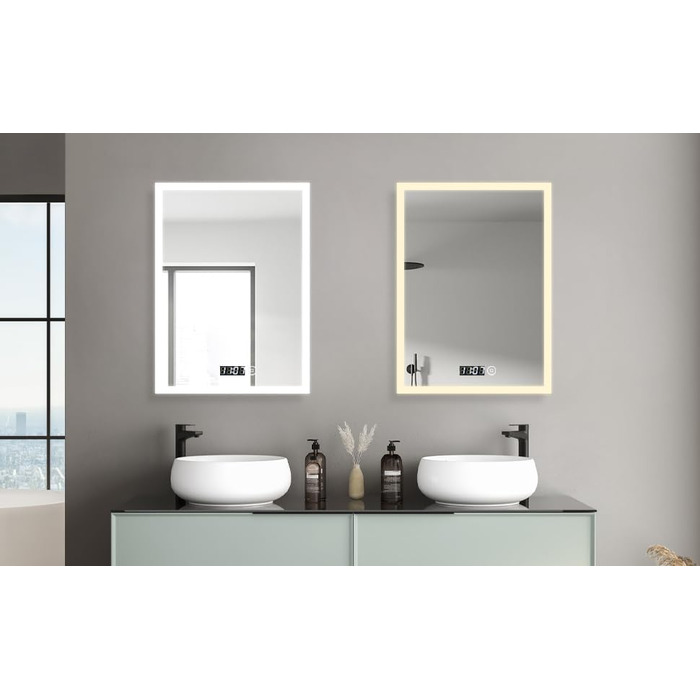 Дзеркало для ванної кімнати з підсвічуванням та годинником 50x70 см. LED дзеркало з сенсорним керуванням, 3 кольори світла, регулювання яскравості, 2470LM, стиль JB