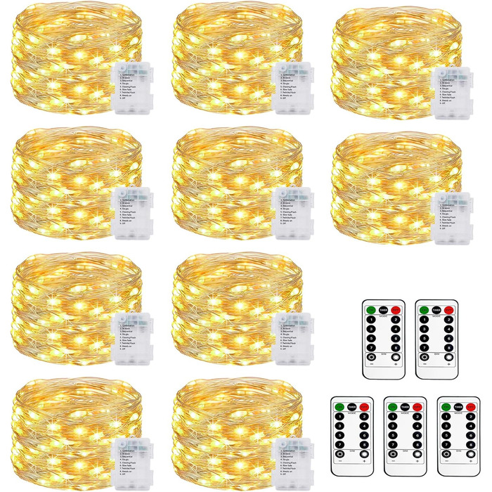 Льотова гірлянда на батарейках, 5 метрів, 50 LED, з таймером та пультом, 8 режимів, вологостійка, тепле біле світло, для декору інтер'єру/екстер'єру, 6 шт.