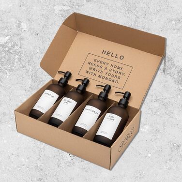 MONOKO Набір з 4 дозатори для мила чорного матового кольору з скла, 500 мл | Дозатори для шампуню, мила для кухні | Нержавіюча сталь, помповий механізм | Флакони з наліпками (Коричневий-500)