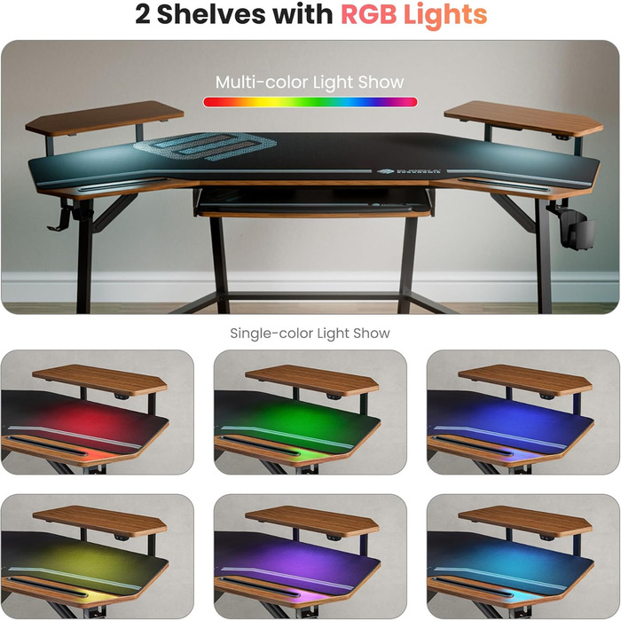 Ігровий стіл EUREKA ERGONOMIC 160x74 см з крилами для геймінгу, PC, Home Office, Live Streaming, 2 слоти для iPad, горіховий колір