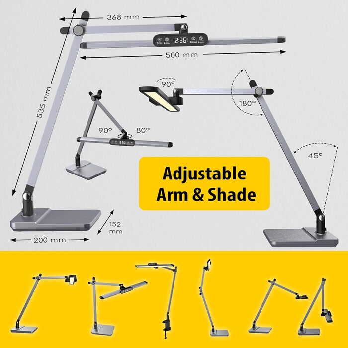 Світлодіодна настільна лампа OTUS, з можливістю затемнення, з годинником, захистом для очей, затискачем і ніжкою, 3 колірні температури