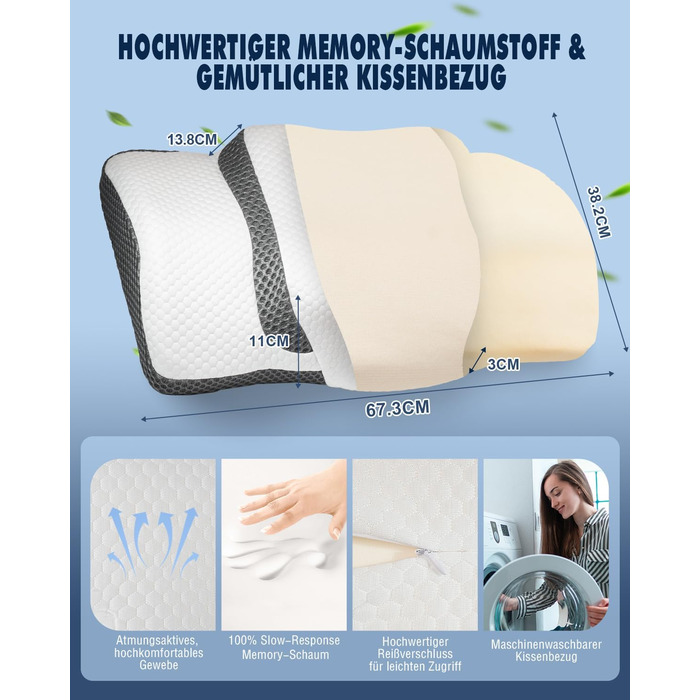 Ортопедична подушка IDEA, ергономічна подушка для шиї, подушка з memory foam, оригінальна для тих, хто спить на боці, на спині та на животі, подушка-підголівник для чоловіків та жінок (67.3 x 38.2 x 13.8/3 см)