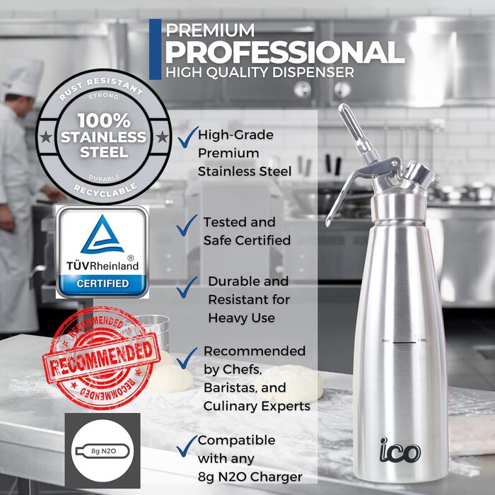 Професійний дозатор для вершків з нержавіючої сталі - сифон для капсул з вершками - пляшка Espuma для десертів (1л)