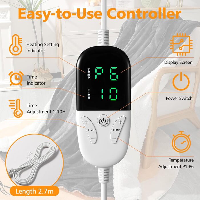 Електрична ковдра з таймером та пультом керування, 133x155 см, 6 режимів нагріву, машинне прання, сіра