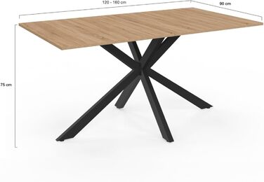 Розсувний обідній стіл Alix, прямокутний, для 4-8 осіб, з металевим каркасом, дерево та чорний колір, 120-160 см