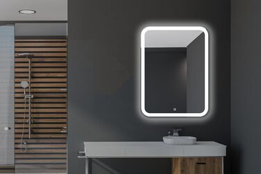 Дзеркало для ванної кімнати LED 50x70 см з підсвічуванням та сенсорним вимикачем, округлені кути, прямокутна форма