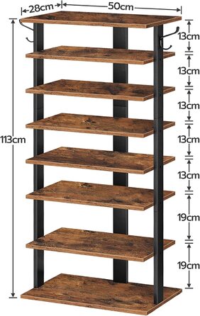 Шарова полиця для взуття HOOBRO, вузька полиця для взуття, шафа для взуття з 2 гачками, стійка для зберігання, компактна, міцна, для передпокою, вітальні, спальні, EWT07XJ01G1 (темно-коричневий чорний, 50 х 28 х 113 см), 8-
