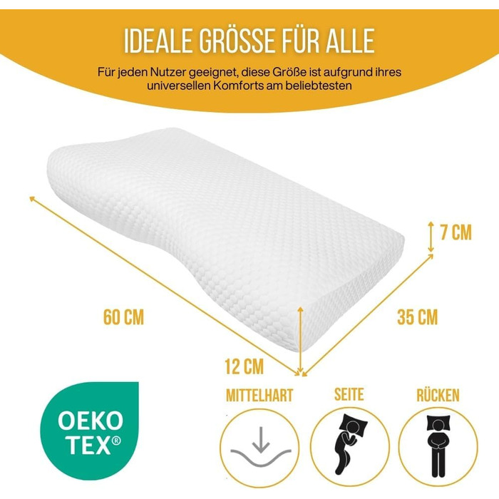 Ергономічна подушка для шиї та попереку Inphysio Luxury з гіпоалергенної пінки з ефектом пам'яті (Memory Foam), бежева, 60 x 35 x 12/7 см, 2 чохли у комплекті