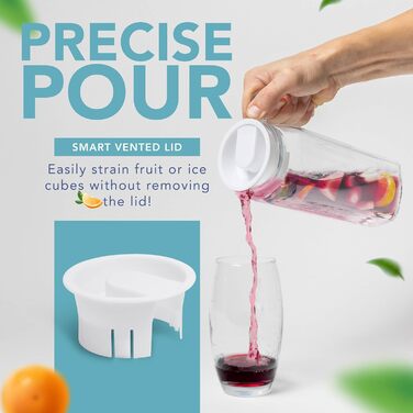 Скляний глечик для холодильника (2 шт.) об'ємом 1 літр з кришкою, рифлений дизайн, не протікає, вентильована кришка для гарячої/холодної води, чай, кава, молоко