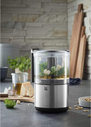 Подрібнювач WMF Küchenminis Cromargan матовий, компактний електричний подрібнювач з однією кнопкою, контейнер 0.3л, 65 Вт, пластик