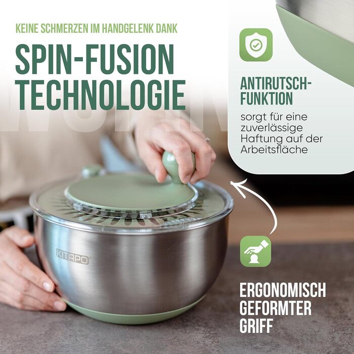 Салатниця-швидкоочисник з нержавіючої сталі з ручним приводом, 4.5л [2-в-1, випуск води, придатна для миття в посудомийній машині, неслизька]