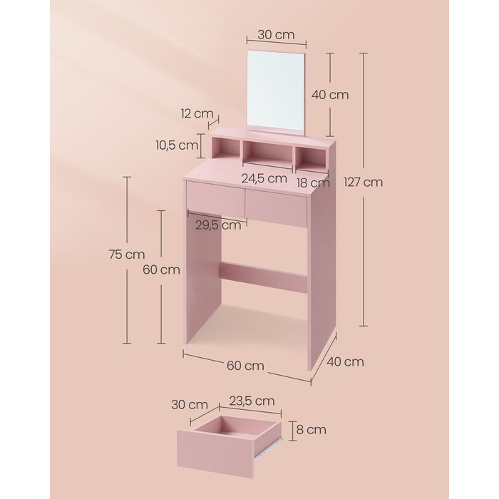 Туалетний столик з дзеркалом і 2 ящиками пастельний рожевий - пастельний рожевий