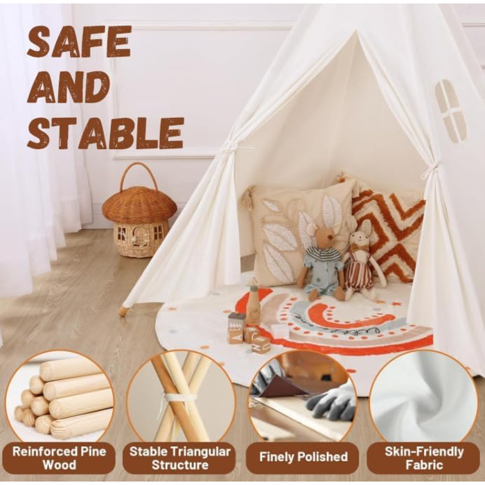 Дитячий намет Wilwolfer Tipi: намет для дітей з бавовни для гри в приміщенні, з сумкою, для дівчаток та хлопчиків, іграшка з чистої бавовни