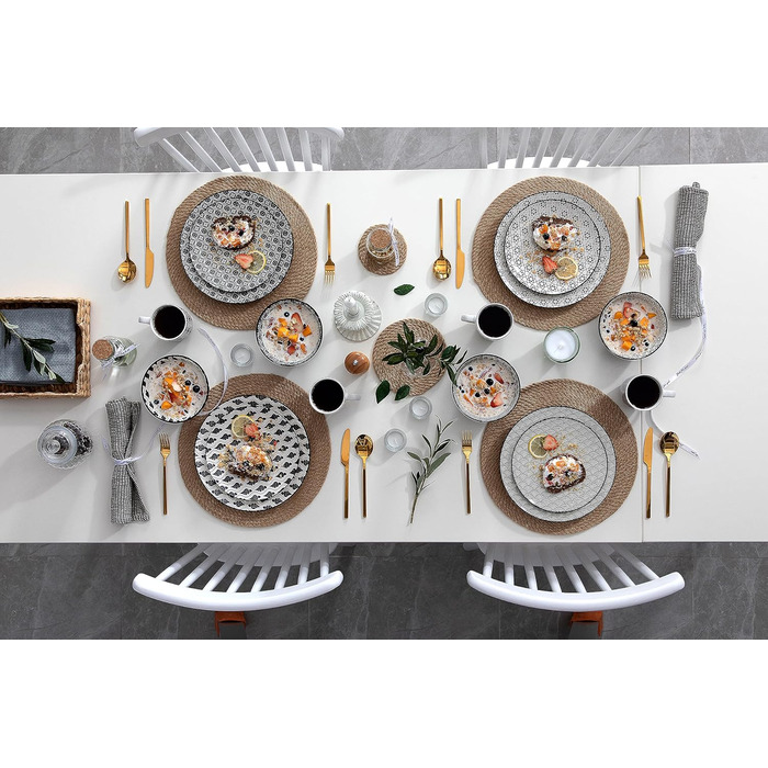 Набір порцелянового посуду Haruka, 48 предметів - Mness aptieka Набір круглих комбінованих наборів на 12 персон, включає чашки, миски, десертні тарілки та обідні тарілки (чорний крем, обідній сервіз з 20 предметів)