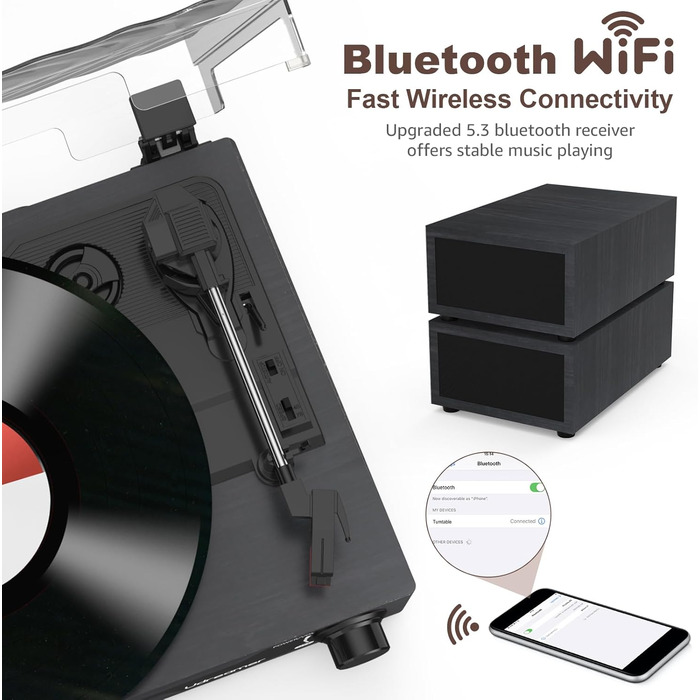Вініловий програвач Udreamer з Bluetooth 5.3, двома стереодинаміками, підтримкою 3 швидкостей, AUX, RCA, USB, ретро дизайн, чорний